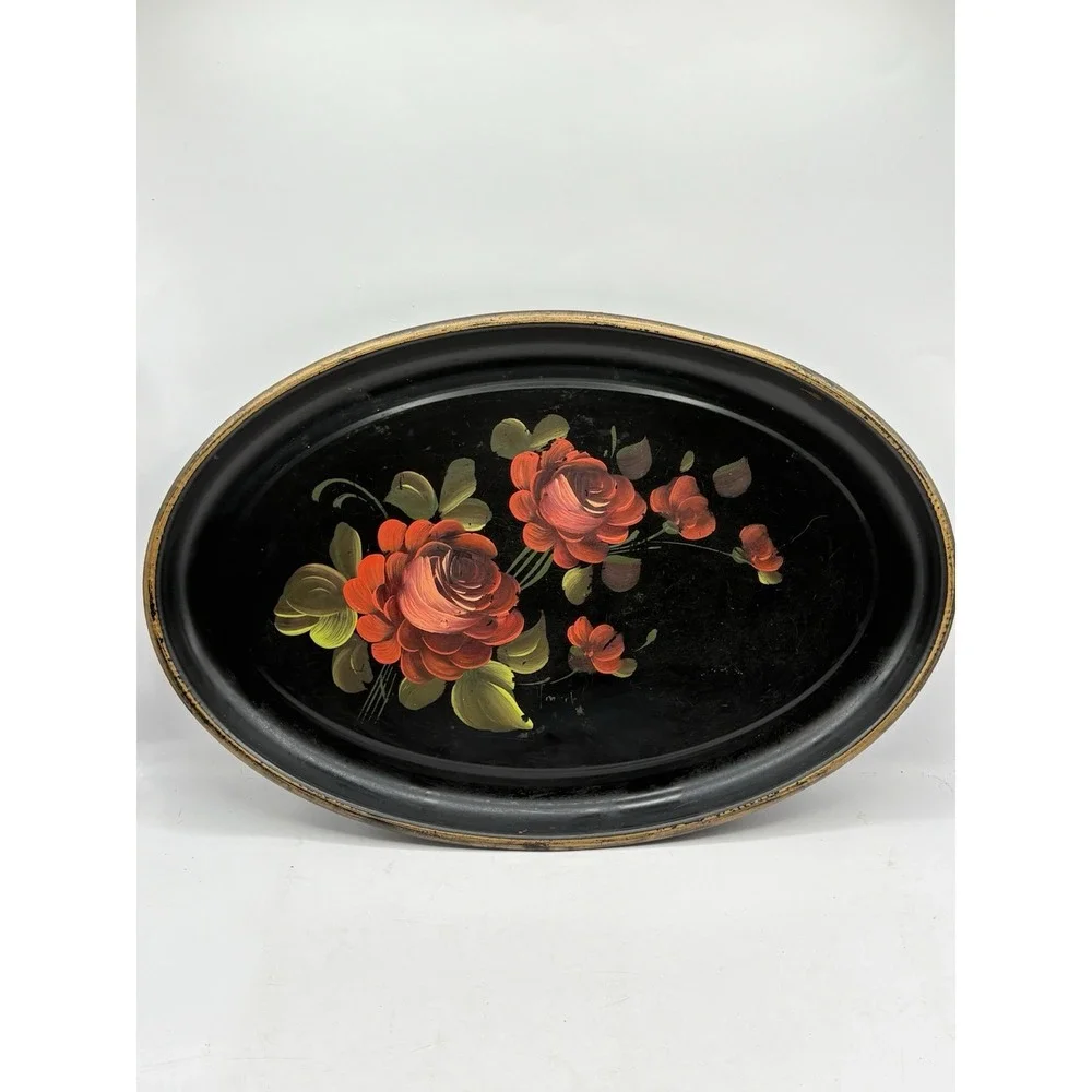Vintage Mid Century Hand Painted Tole Metal Tray Rose Floral 16" Philadelphia - Picture 2 of 9